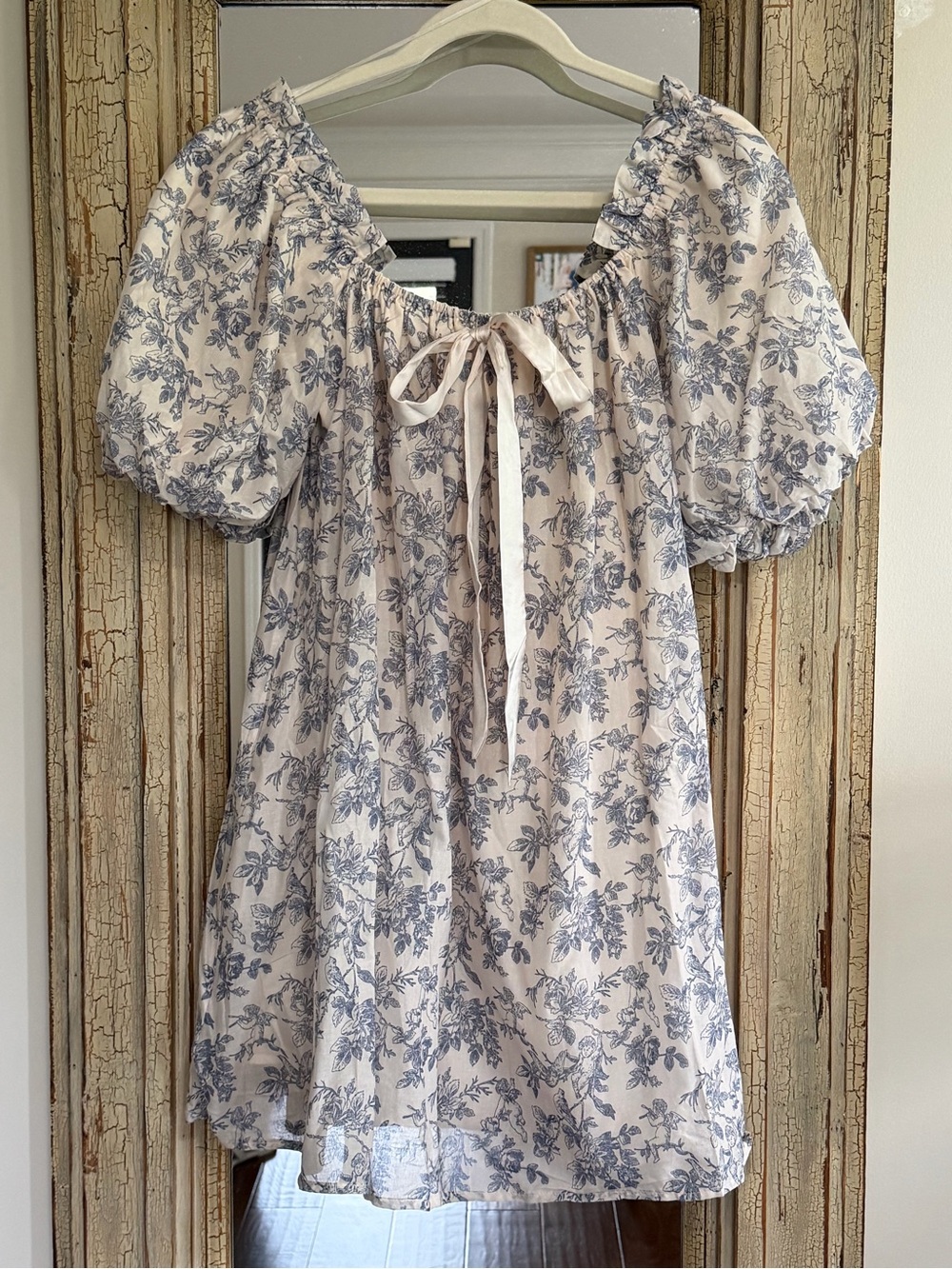 AUREUM Cream Dress with Blue Floral Print and Puff Sleeves